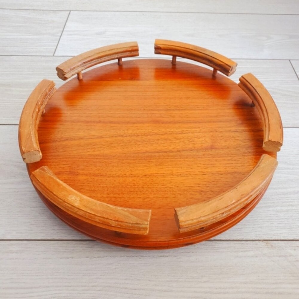 Vintage Ozark USA Native Wood Prod Walnut Carved Table Center Tray Lazy Susan